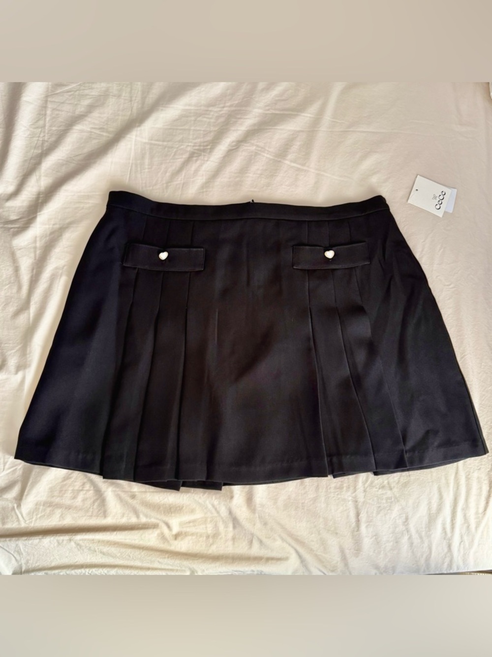 Black Pleated Mini Skirt with Pearl Heart Buttons